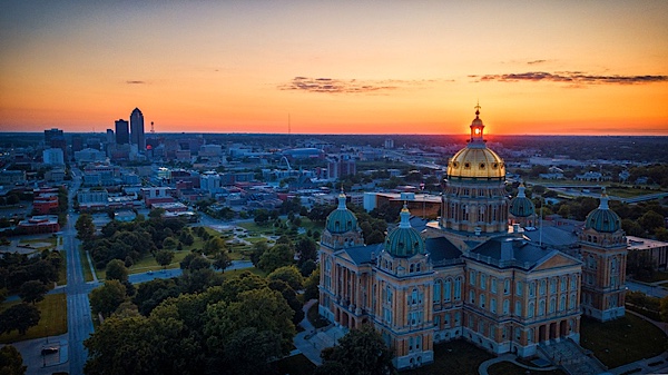Iowa state capitol building at sunset
